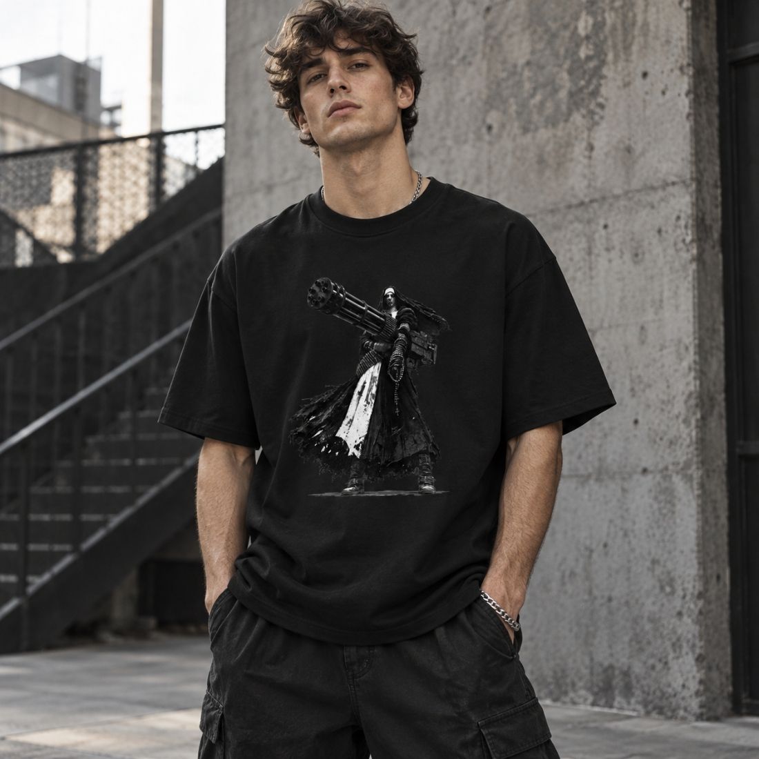 0 Holy Heavy Gunner Nun Graphic Essential Cotton T-Shirt - Shirt Habit