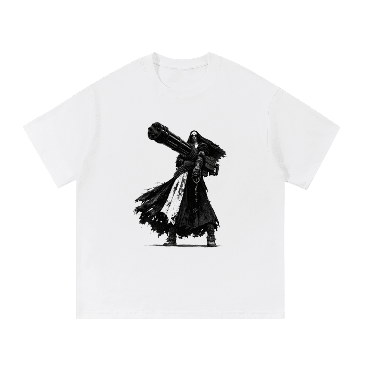 0 Holy Heavy Gunner Nun Graphic Essential Cotton T-Shirt - Shirt Habit