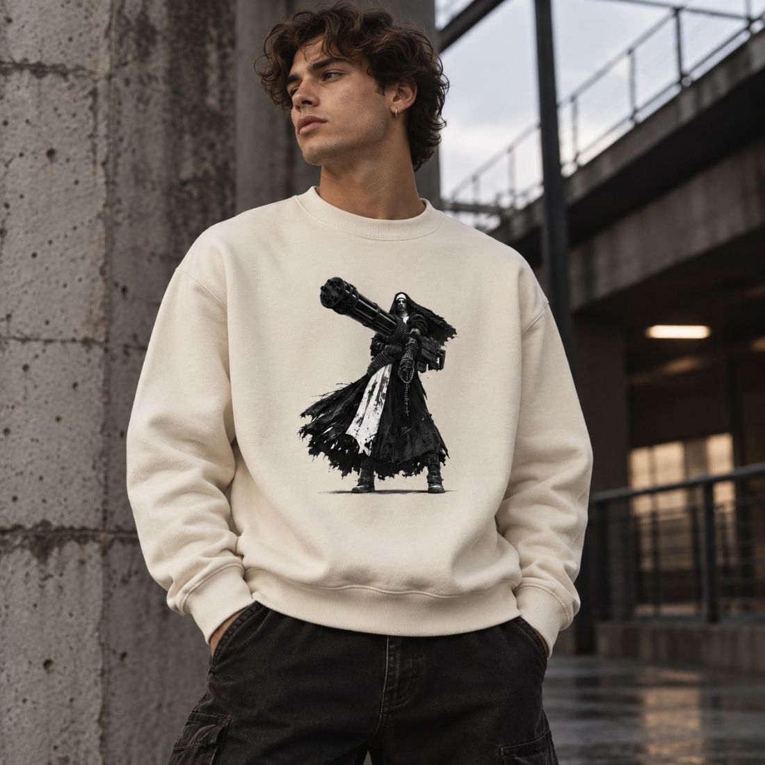 0 Holy Heavy Gunner Nun Loose Crewneck Sweatshirt - Shirt Habit