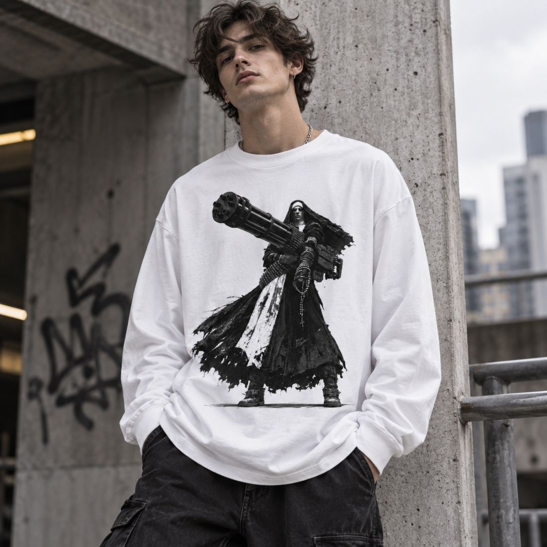 0 Holy Heavy Gunner Nun Oversized Long Sleeve T-Shirt - Shirt Habit