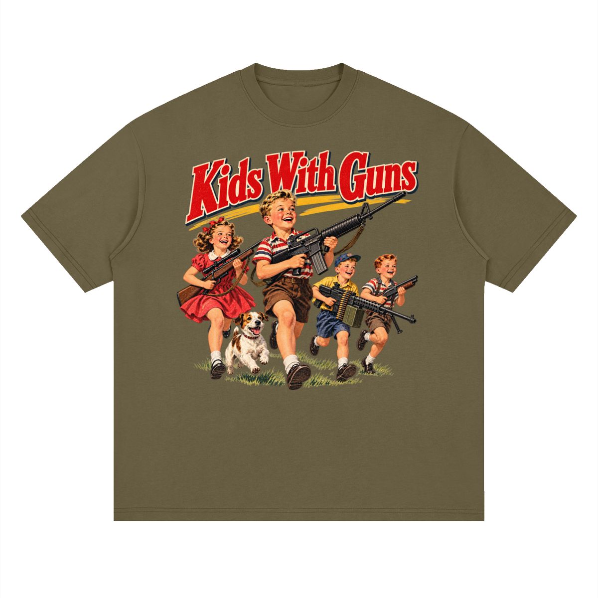 Kids With Guns Vintage 1950s Streetwear Loose Drop Shoulder T-Shirt