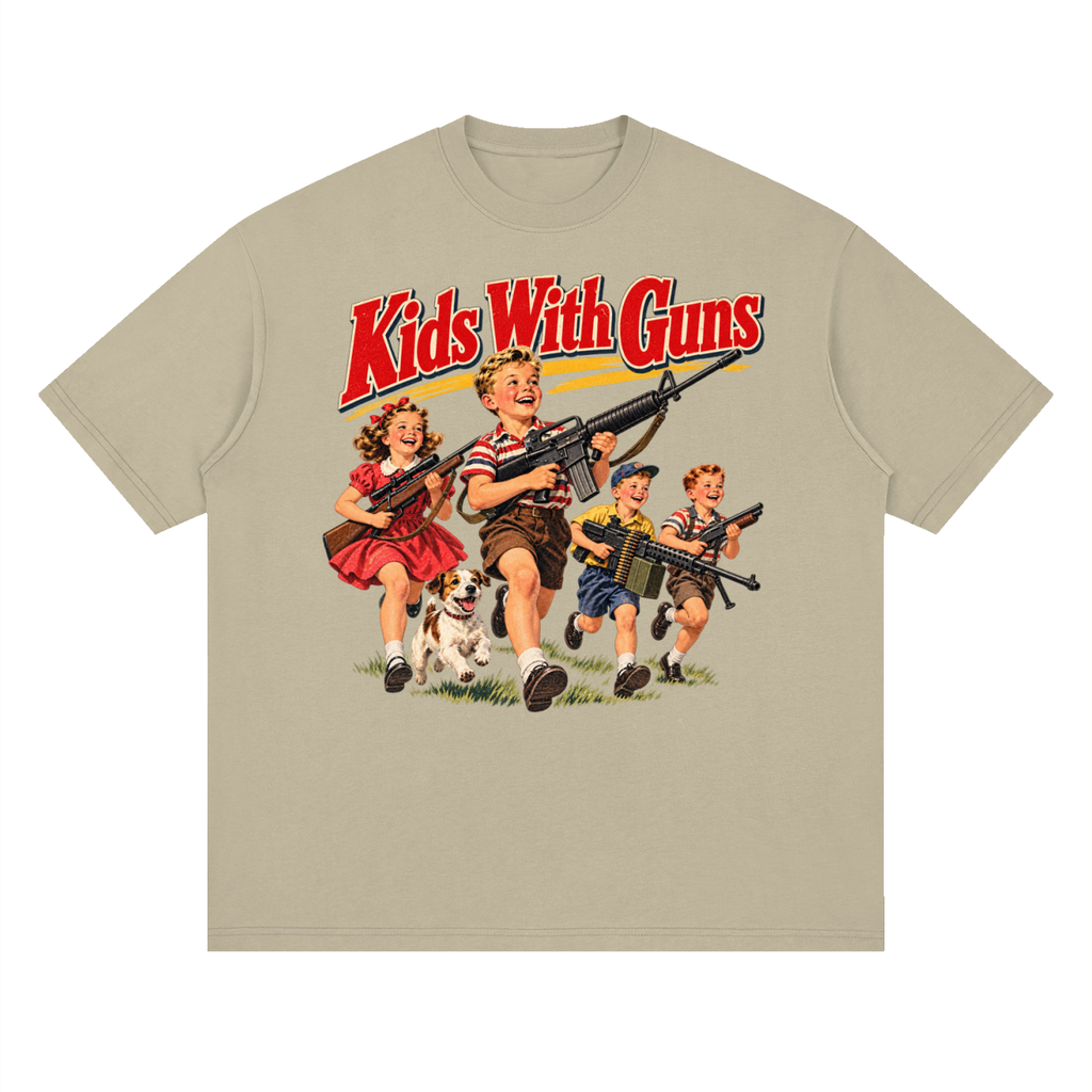Kids With Guns Vintage 1950s Streetwear Loose Drop Shoulder T-Shirt