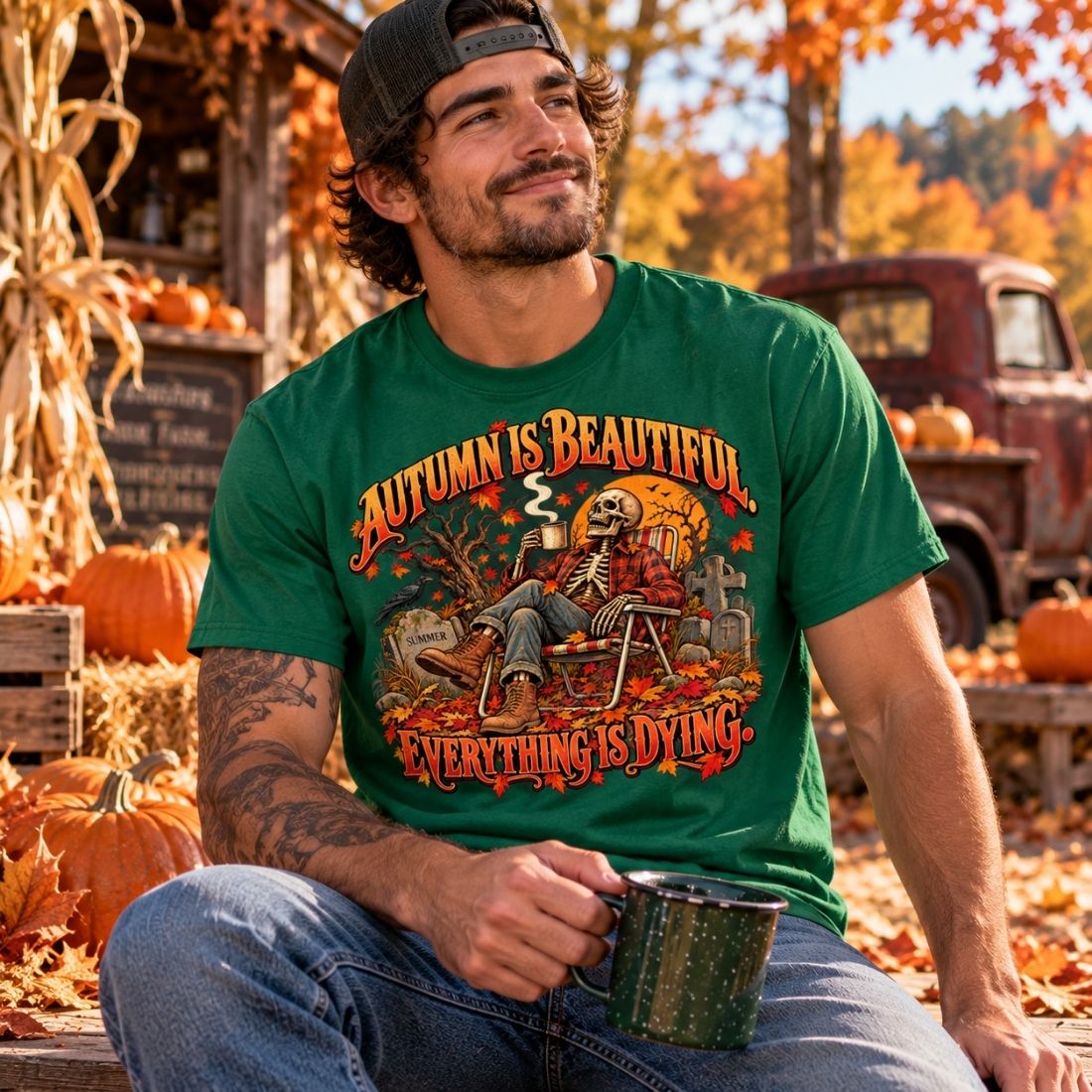Model wearing a green Autumn Is Beautiful drop-shoulder T-shirt and jeans, seated with a mug beside pumpkins and fall leaves.