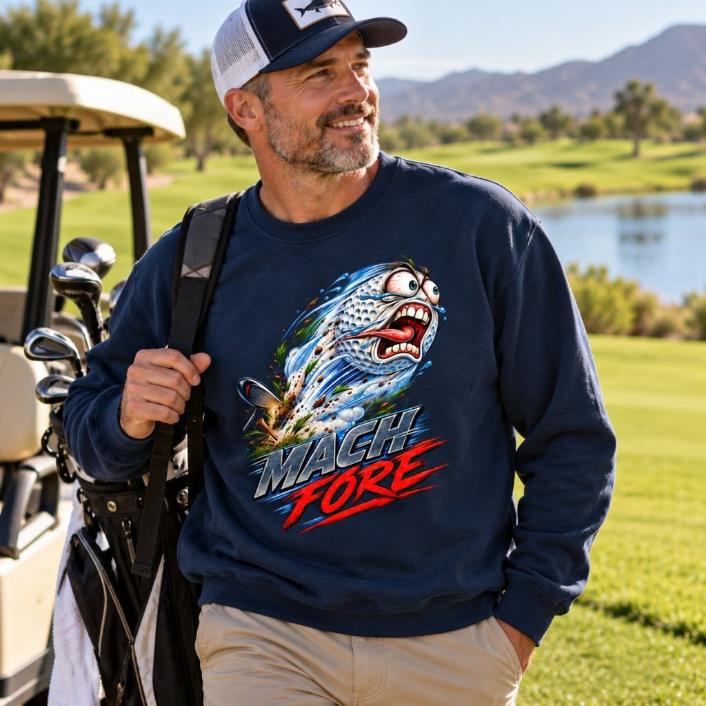 Model wearing a navy blue Mach Fore Funny Golf sweatshirt, khaki pants and a cap, carrying a golf bag on a golf course.