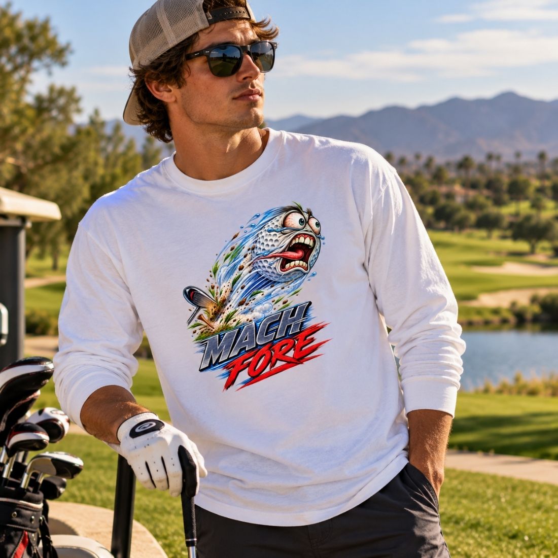 Model wearing a white Mach Fore long-sleeve T-shirt, cap and sunglasses beside golf clubs on a course.