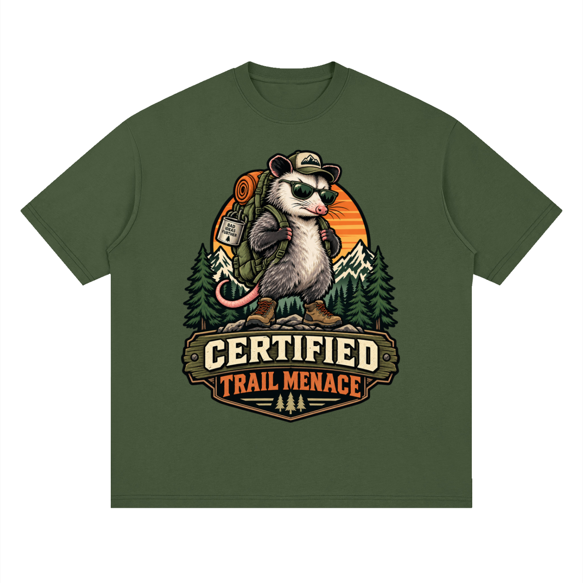 Certified Trail Menace Possum Hiking Streetwear Loose Drop Shoulder T-Shirt