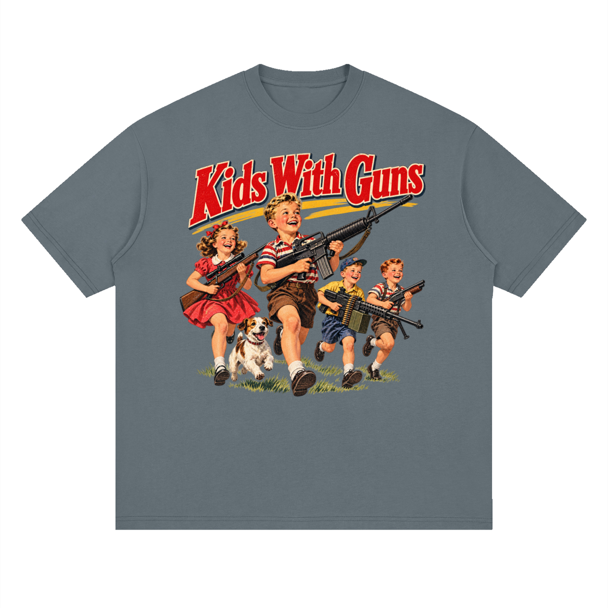 Kids With Guns Vintage 1950s Streetwear Loose Drop Shoulder T-Shirt