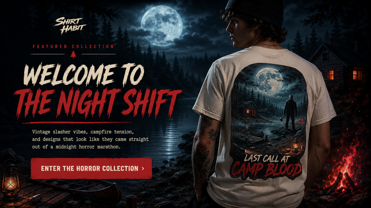 A promotional graphic for a t-shirt collection showing a man from behind wearing a light beige t-shirt with a large horror-themed graphic on the back. The graphic depicts a figure standing in a dark forest by a lake under a full moon, with the text 'Last Call at Camp Blood'.