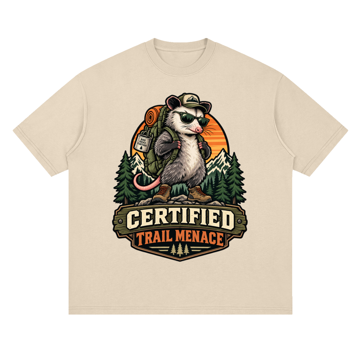 Certified Trail Menace Possum Hiking Streetwear Loose Drop Shoulder T-Shirt