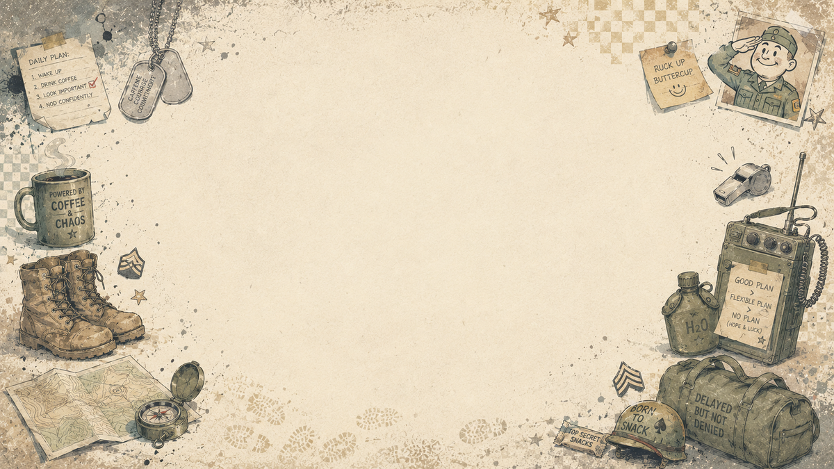 A vintage-style military-themed collage background with illustrated boots, dog tags, a coffee mug, map, radio, canteen, duffel bag, and small notes arranged around the edges on a parchment-like beige surface.