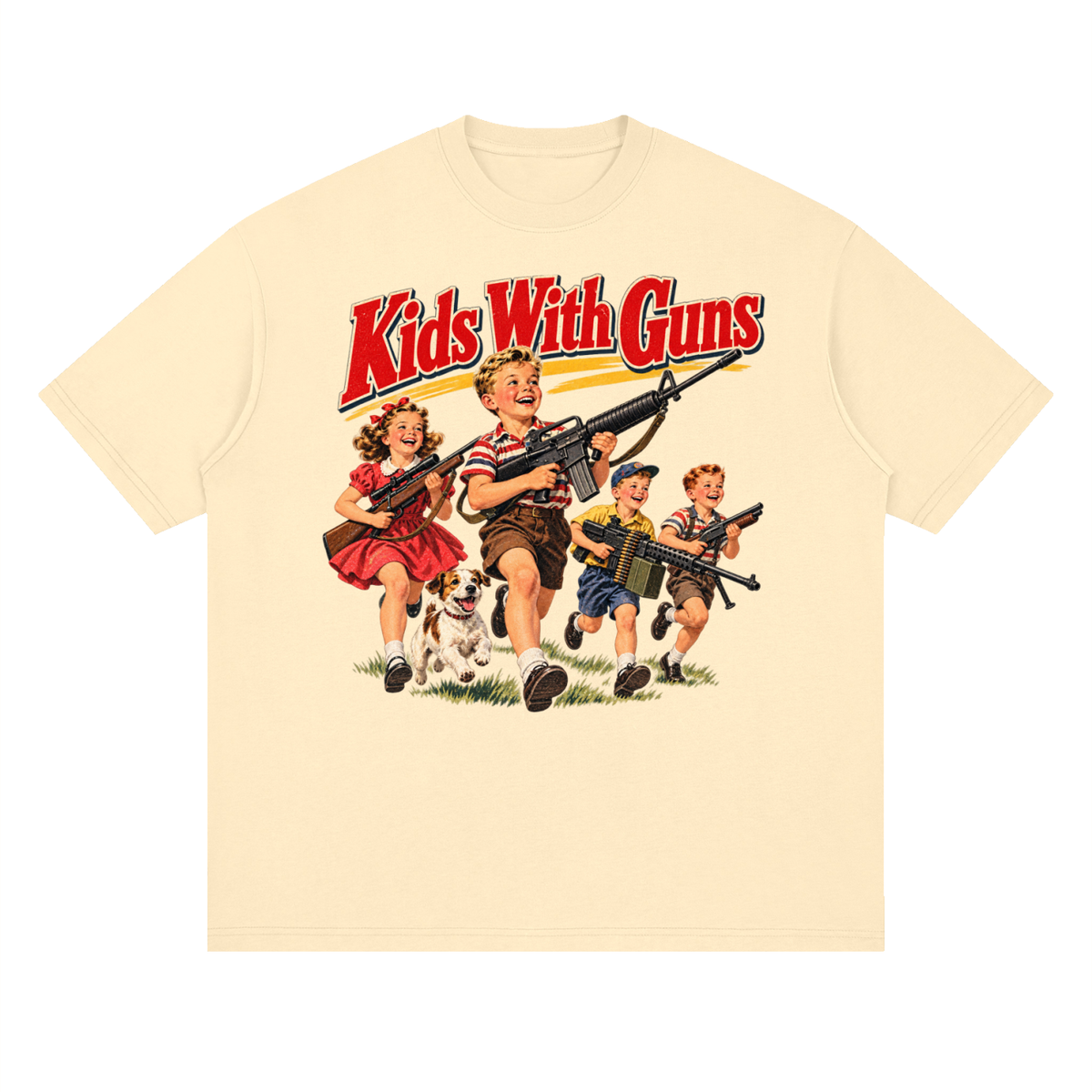 Kids With Guns Vintage 1950s Streetwear Loose Drop Shoulder T-Shirt
