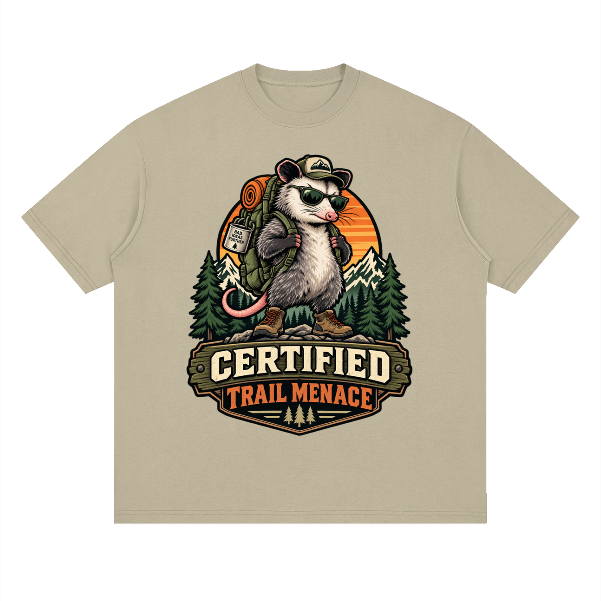 Certified Trail Menace Possum Hiking Streetwear Loose Drop Shoulder T-Shirt