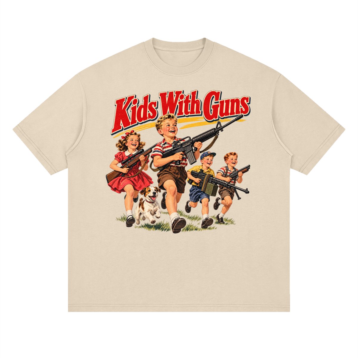 Kids With Guns Vintage 1950s Streetwear Loose Drop Shoulder T-Shirt