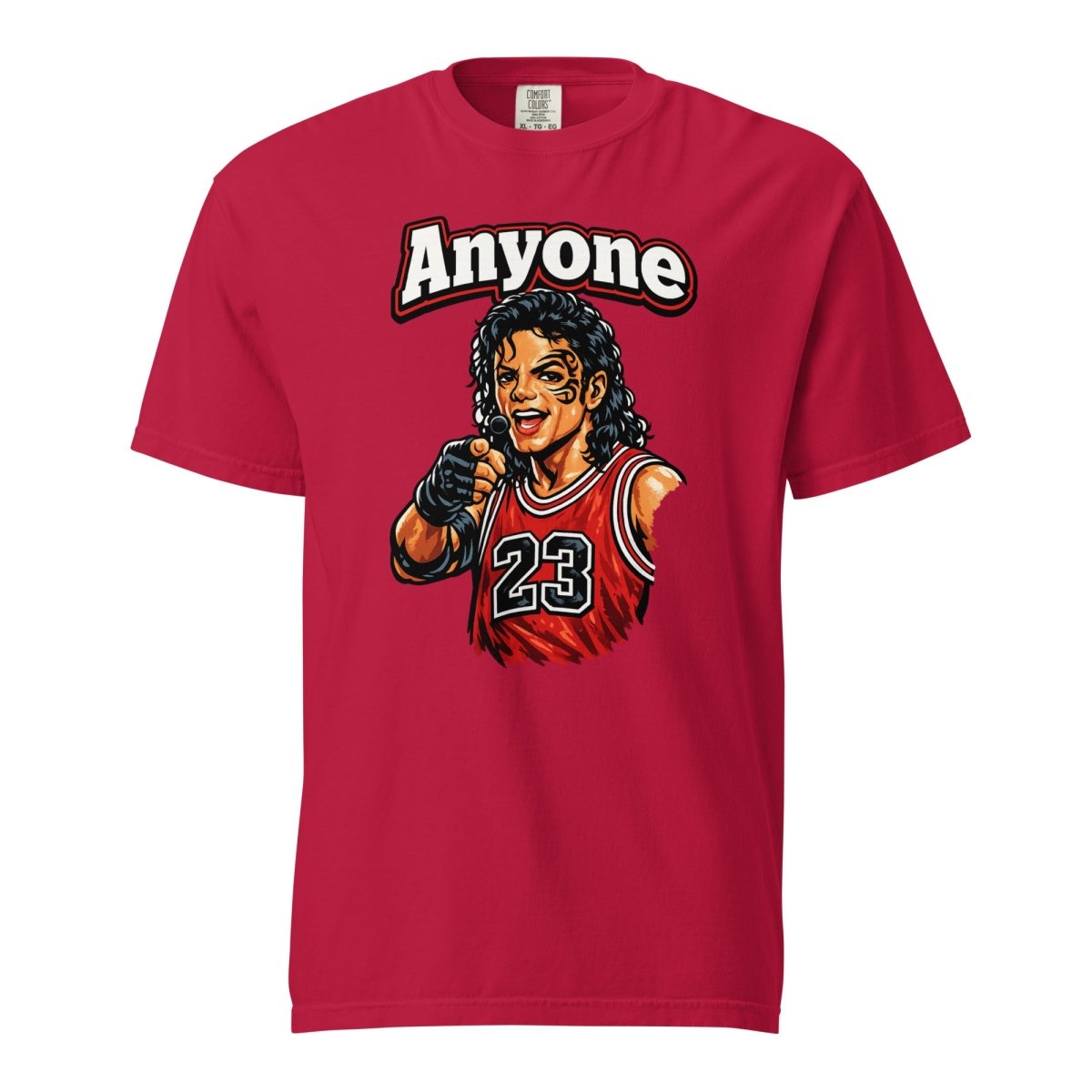 Red Anyone mashup T-shirt, front view with a pointing cartoon figure in a red number 23 basketball jersey.