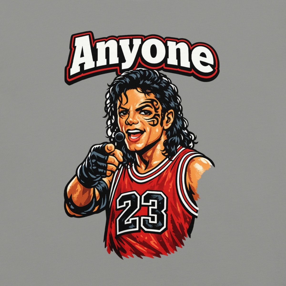 Close-up of the Anyone print on gray, with white lettering above a pointing cartoon figure in a red number 23 jersey.