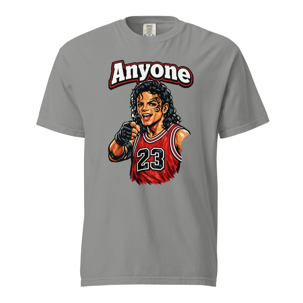 Gray Anyone mashup T-shirt, front view with a pointing cartoon figure in a red number 23 basketball jersey.