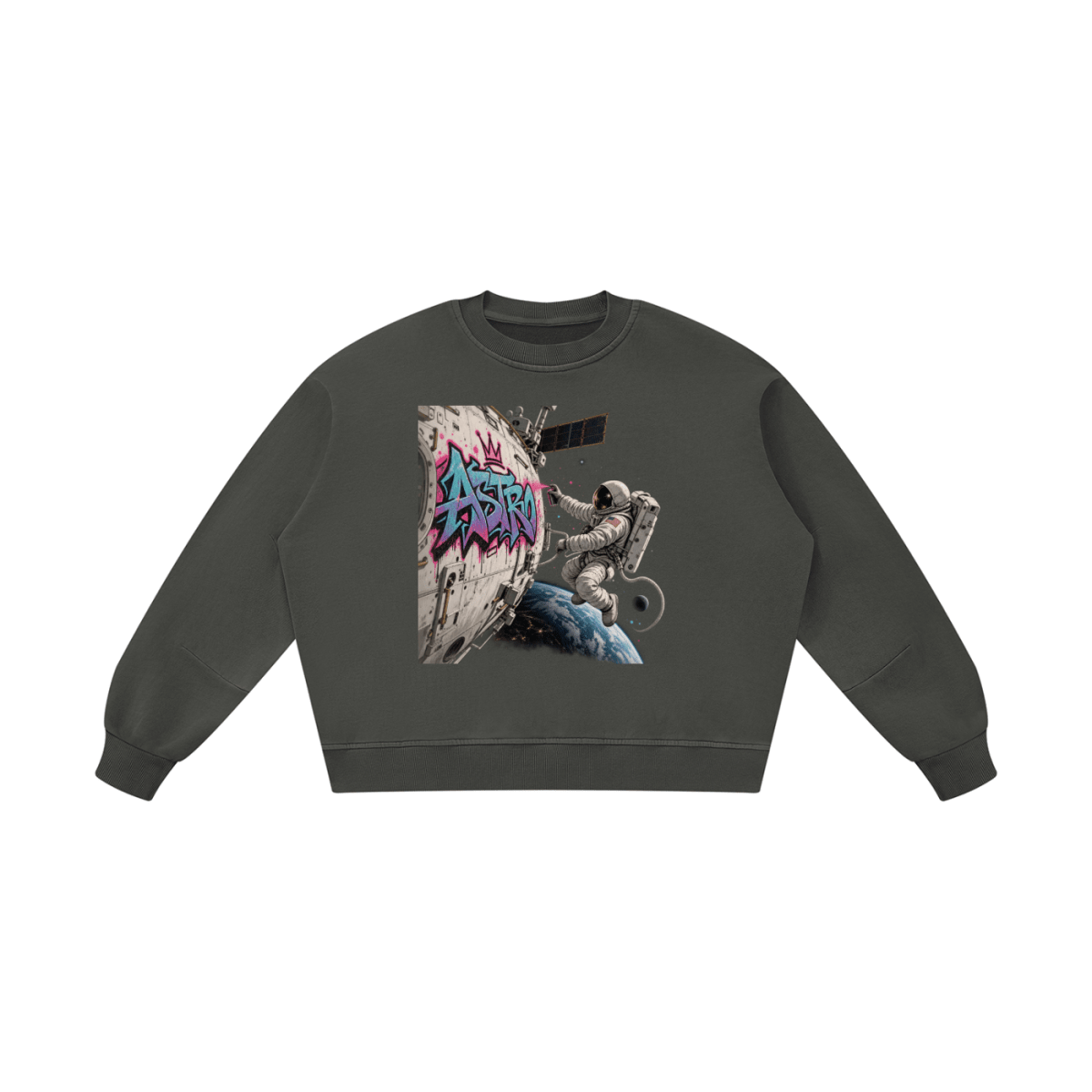 Dark gray ASTRO Space Graffiti boxy vintage-washed sweatshirt, front view with an astronaut and turquoise and pink spacecraft tag.