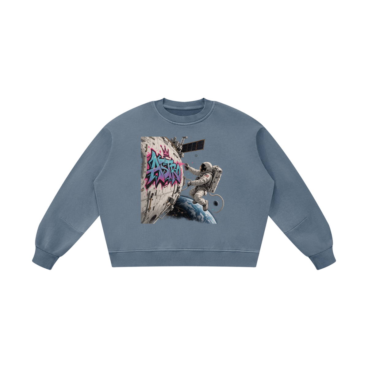 Blue gray ASTRO Space Graffiti boxy vintage-washed sweatshirt, front view with an astronaut and turquoise and pink spacecraft tag.