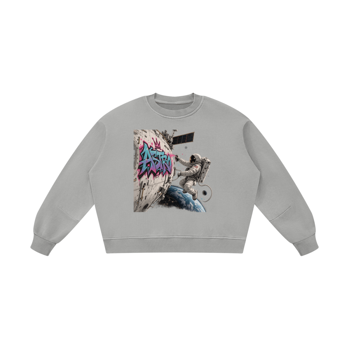 Light gray ASTRO Space Graffiti boxy vintage-washed sweatshirt, front view with an astronaut and turquoise and pink spacecraft tag.