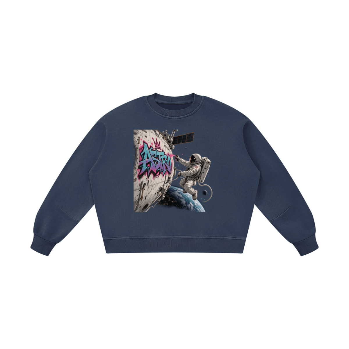 Navy blue ASTRO Space Graffiti boxy vintage-washed sweatshirt, front view with an astronaut and turquoise and pink spacecraft tag.