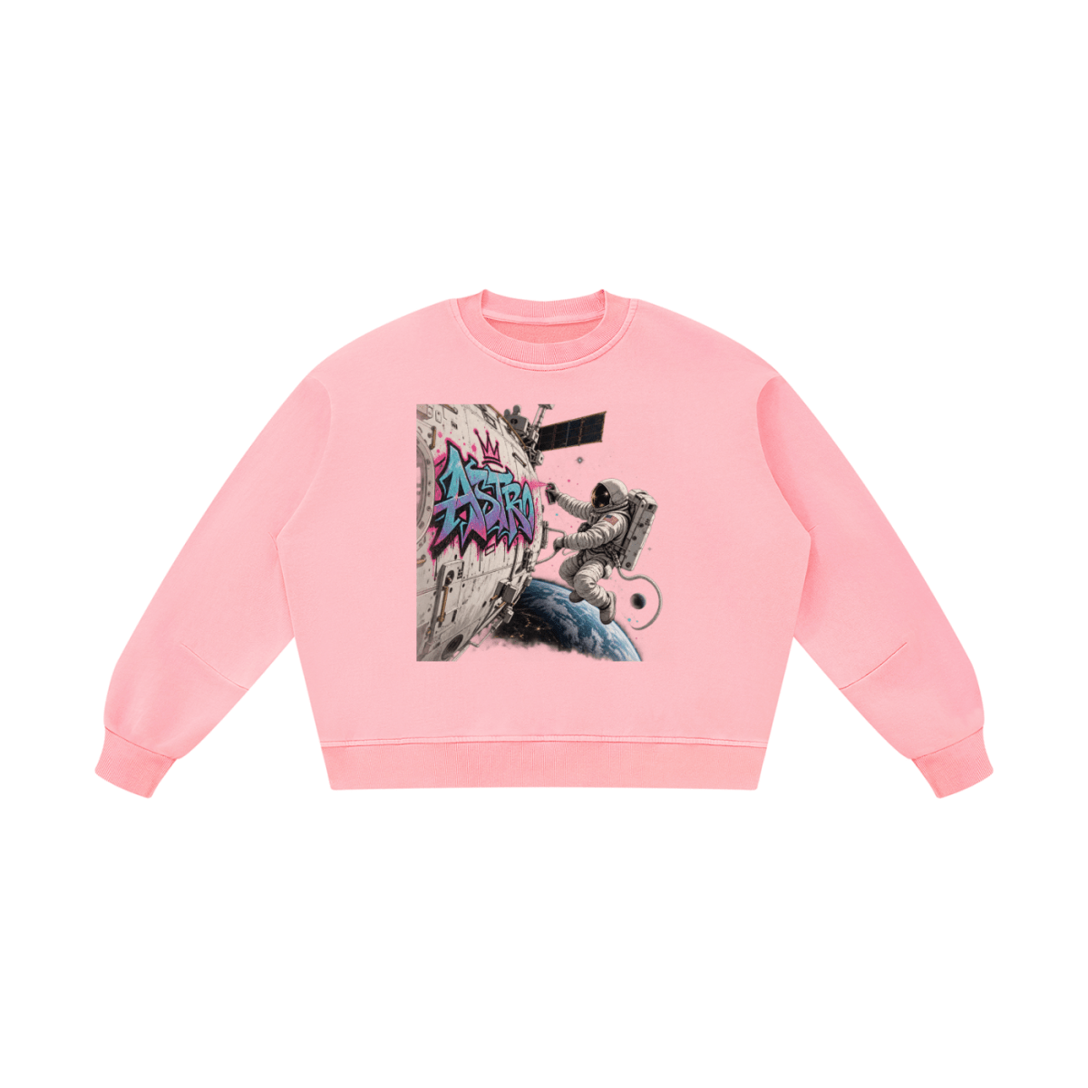 Pink ASTRO Space Graffiti boxy vintage-washed sweatshirt, front view with an astronaut and turquoise and pink spacecraft tag.