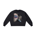 Black ASTRO Space Graffiti boxy vintage-washed sweatshirt, front view with an astronaut and turquoise and pink spacecraft tag.