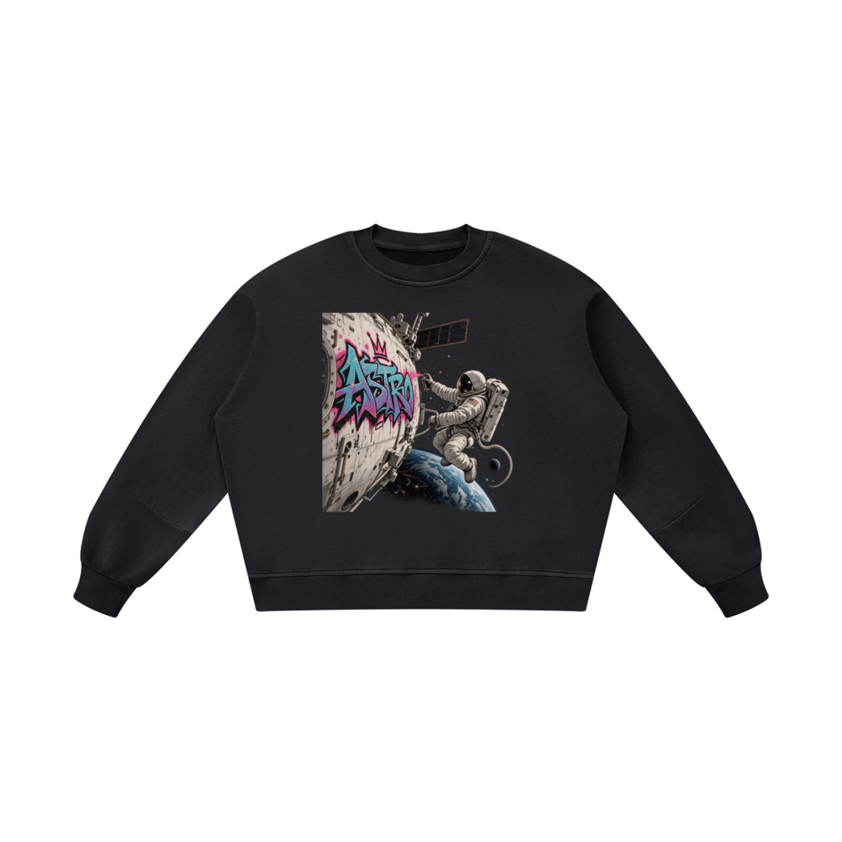 Black ASTRO Space Graffiti boxy vintage-washed sweatshirt, front view with an astronaut and turquoise and pink spacecraft tag.
