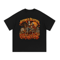 Black Autumn Is Beautiful T-shirt, front view with a seated skeleton, fall leaves and "Everything Is Dying" lettering.