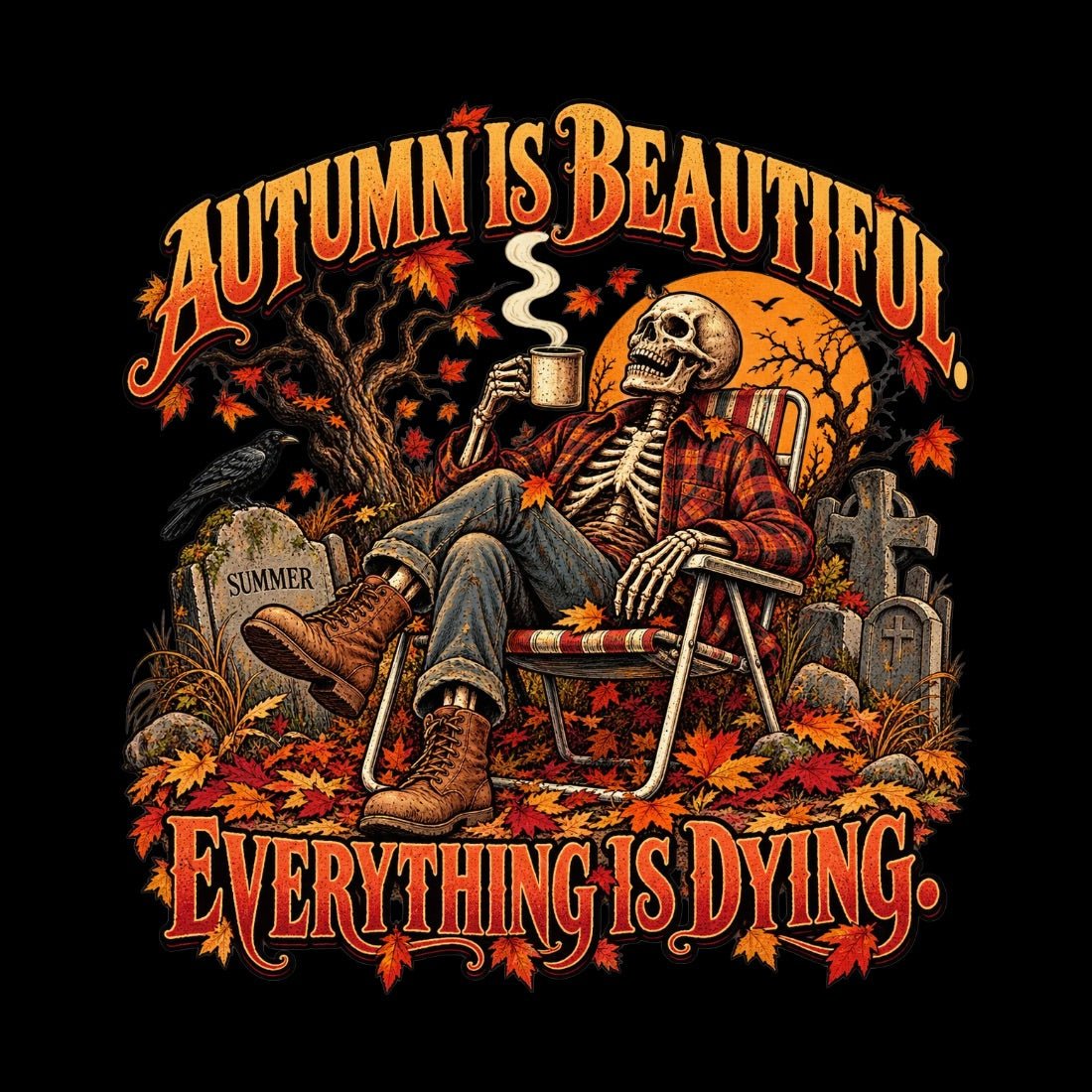 Close-up of Autumn Is Beautiful artwork on black, with a skeleton reclining among fall leaves and "Everything Is Dying" lettering.