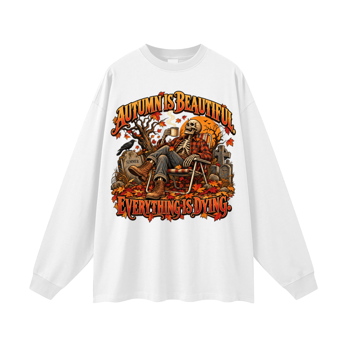 White Autumn Is Beautiful long-sleeve T-shirt, front view with a seated skeleton, fall leaves and orange lettering.