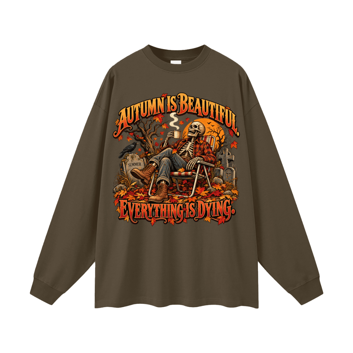 Dark brown Autumn Is Beautiful long-sleeve T-shirt, front view with a seated skeleton, fall leaves and orange lettering.