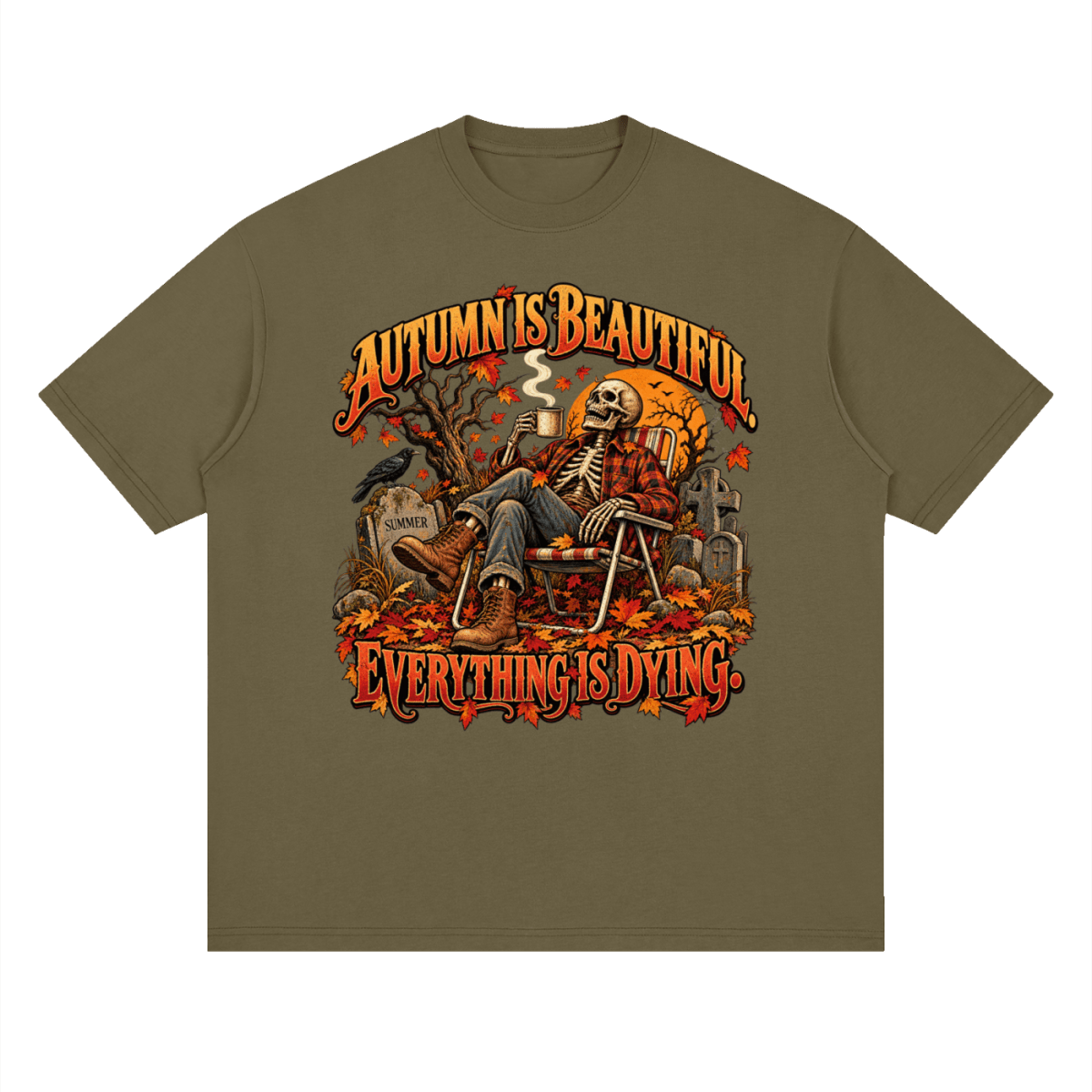 Olive brown Autumn Is Beautiful drop-shoulder T-shirt, front view with a seated skeleton, fall leaves and orange lettering.