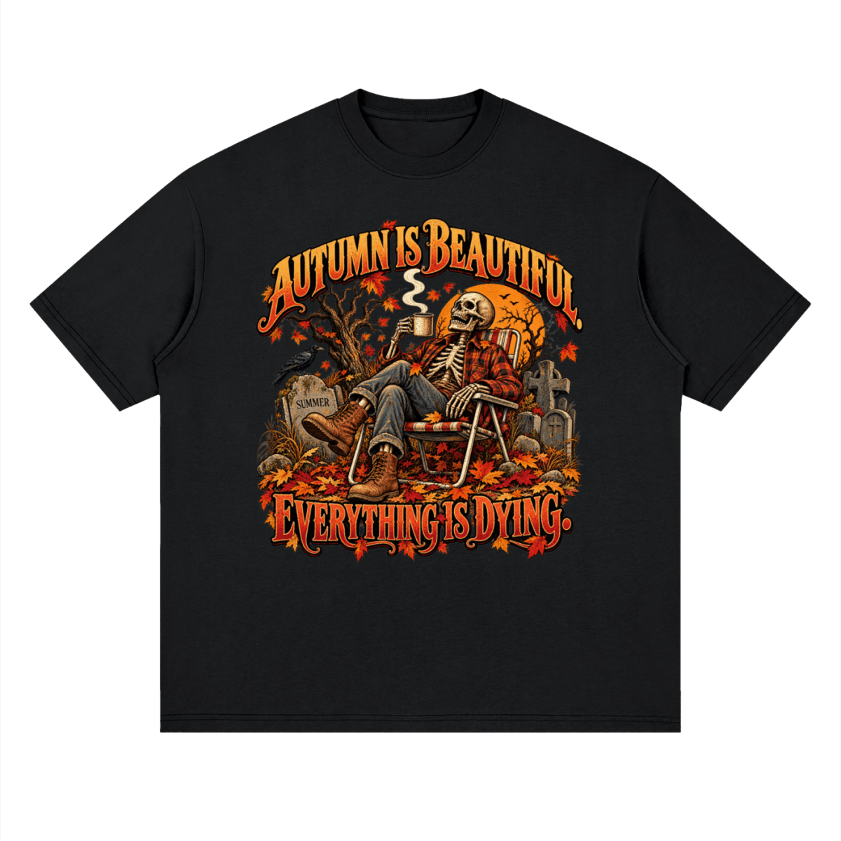 Black Autumn Is Beautiful drop-shoulder T-shirt, front view with a seated skeleton, fall leaves and orange lettering.