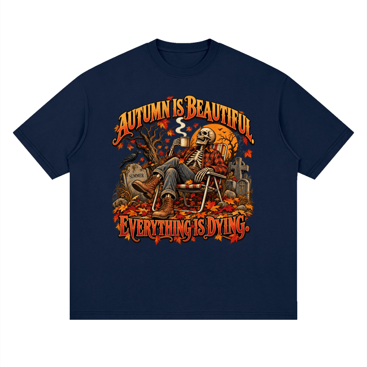Navy blue Autumn Is Beautiful drop-shoulder T-shirt, front view with a seated skeleton, fall leaves and orange lettering.