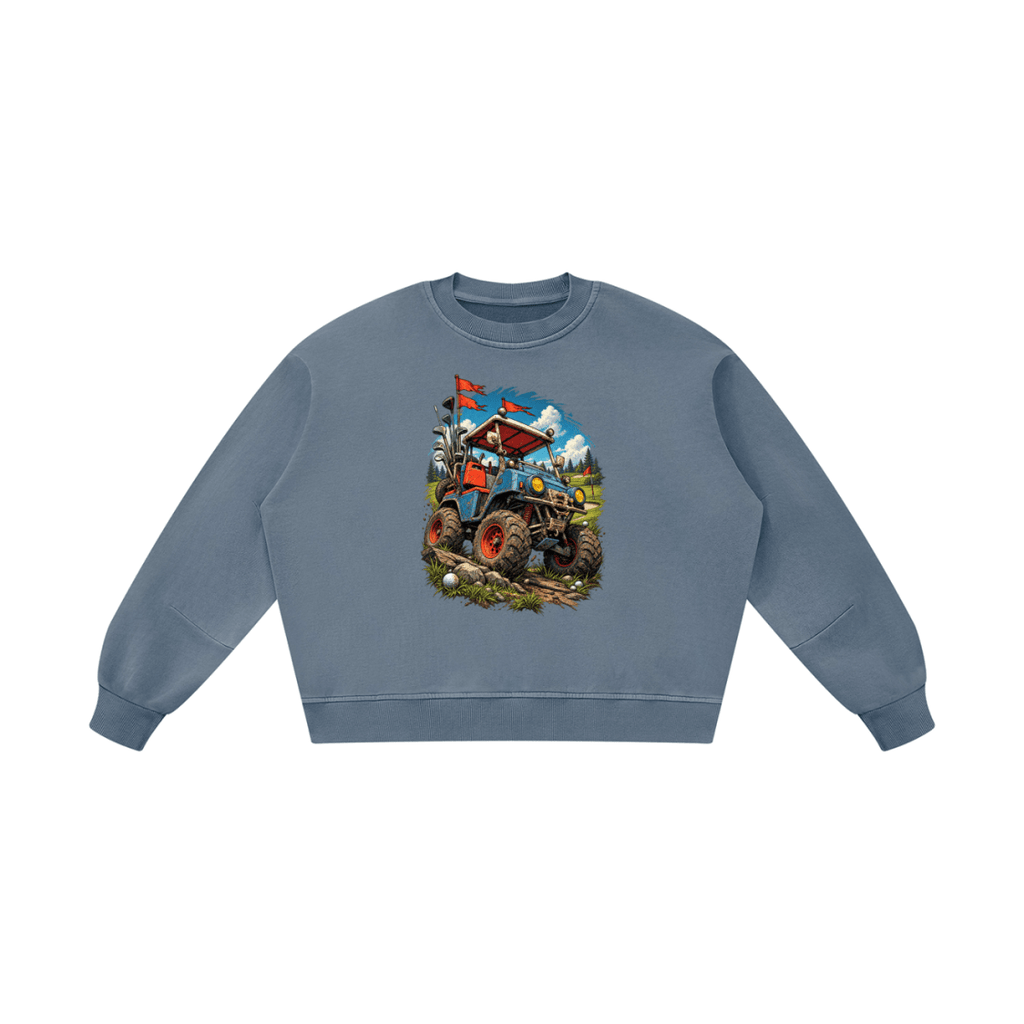 Blue gray Battle-Hardened Golf Cart boxy vintage-washed sweatshirt, front view with a blue off-road cart and oversized tires.