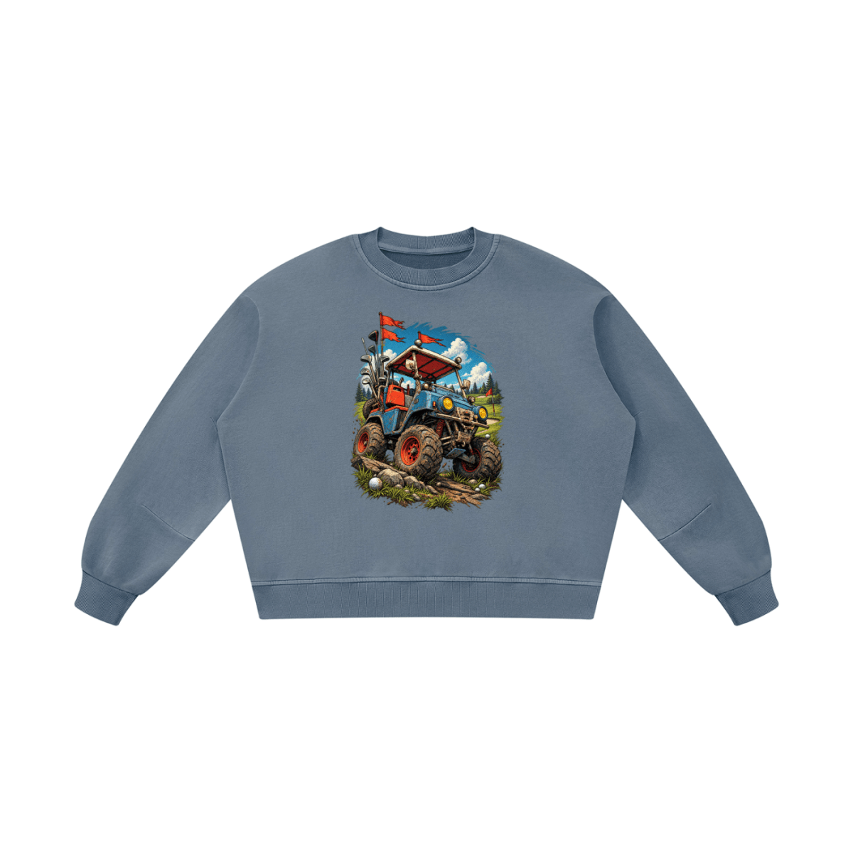 Blue gray Battle-Hardened Golf Cart boxy vintage-washed sweatshirt, front view with a blue off-road cart and oversized tires.