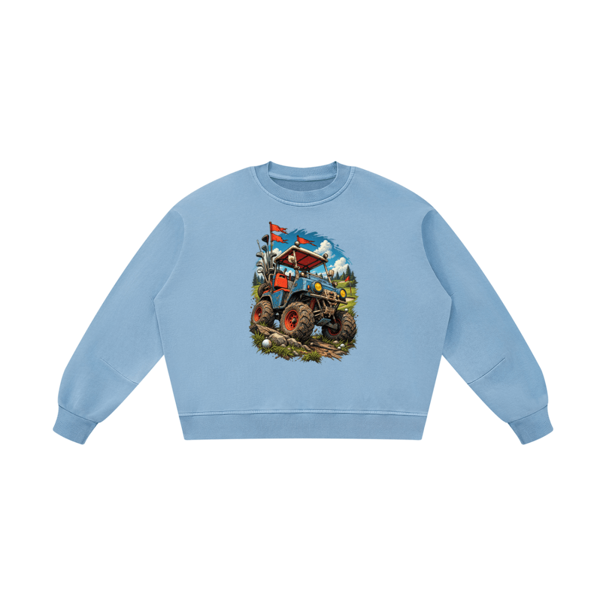 Light blue Battle-Hardened Golf Cart boxy vintage-washed sweatshirt, front view with a blue off-road cart and oversized tires.