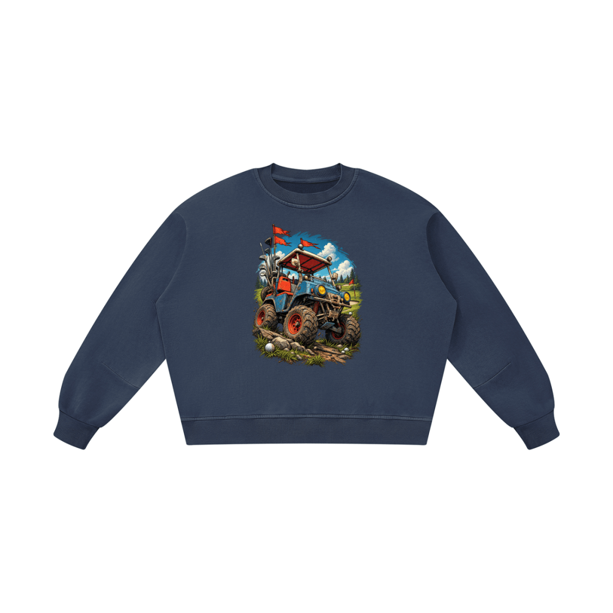 Navy blue Battle-Hardened Golf Cart boxy vintage-washed sweatshirt, front view with a blue off-road cart and oversized tires.