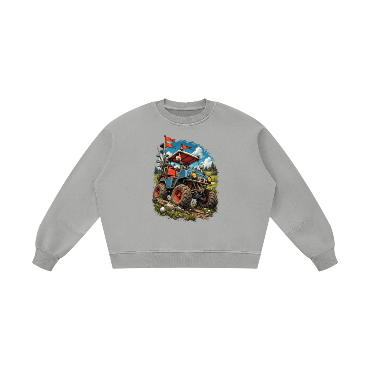 Light gray Battle-Hardened Golf Cart boxy vintage-washed sweatshirt, front view with a blue off-road cart and oversized tires.