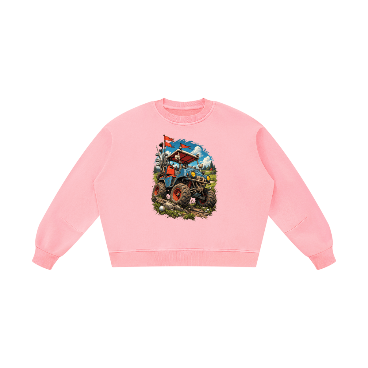 Pink Battle-Hardened Golf Cart boxy vintage-washed sweatshirt, front view with a blue off-road cart and oversized tires.