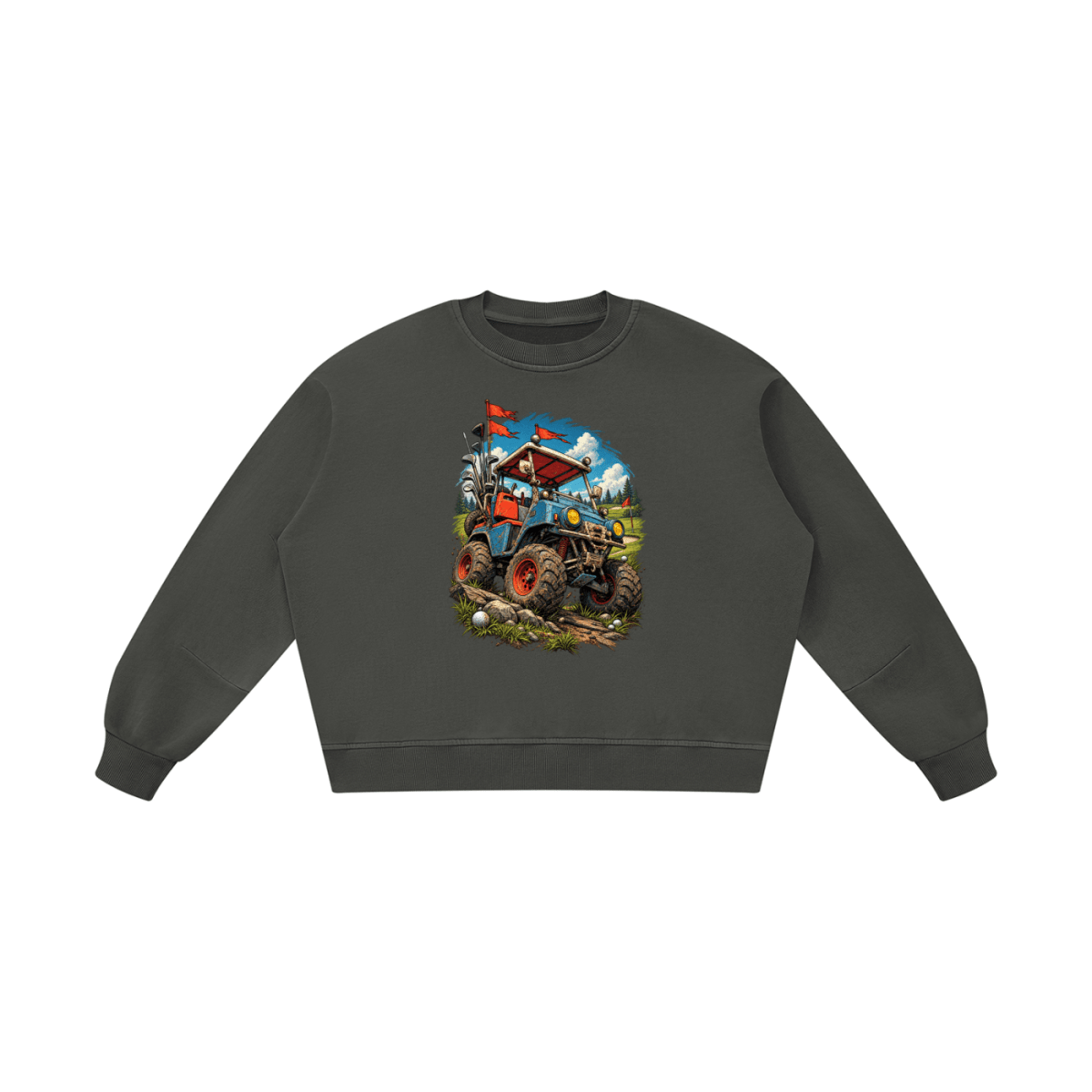 Dark gray Battle-Hardened Golf Cart boxy vintage-washed sweatshirt, front view with a blue off-road cart and oversized tires.