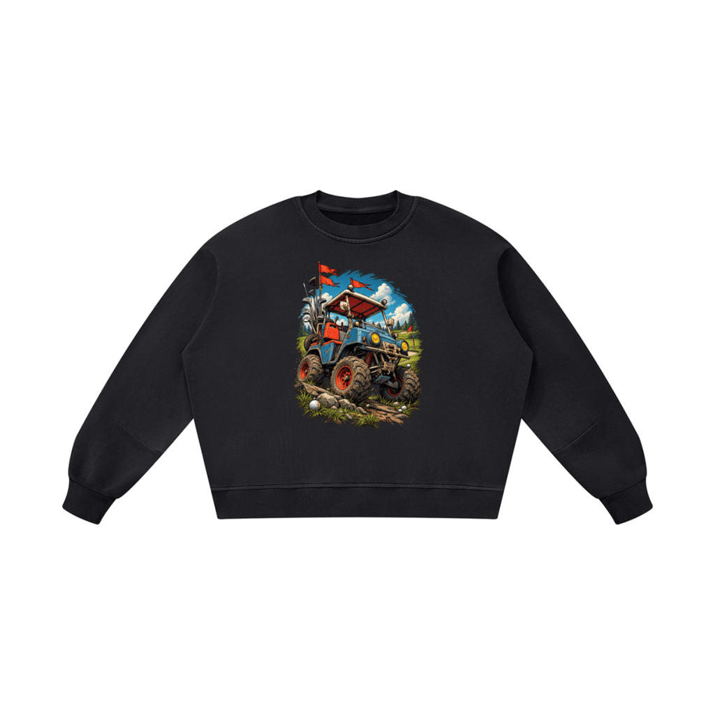 Black Battle-Hardened Golf Cart boxy vintage-washed sweatshirt, front view with a blue off-road cart and oversized tires.