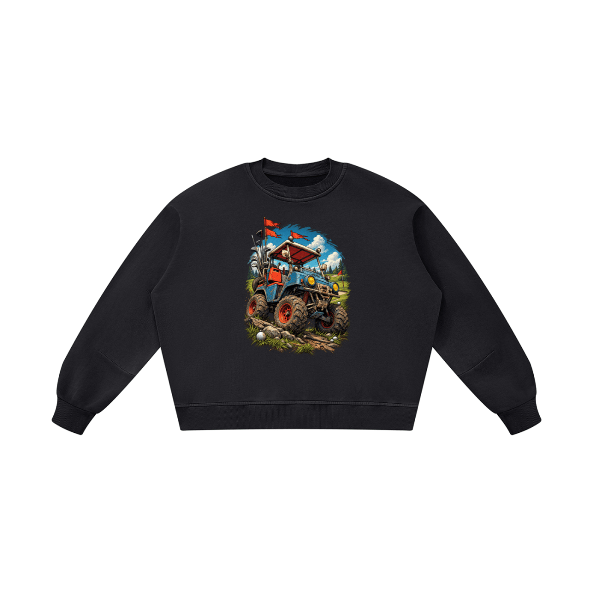 Black Battle-Hardened Golf Cart boxy vintage-washed sweatshirt, front view with a blue off-road cart and oversized tires.