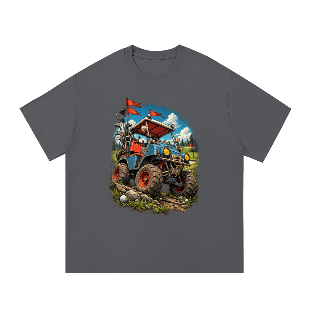 Charcoal gray Battle-Hardened Golf Cart T-shirt, front view with a blue off-road golf cart, oversized tires and red flags.