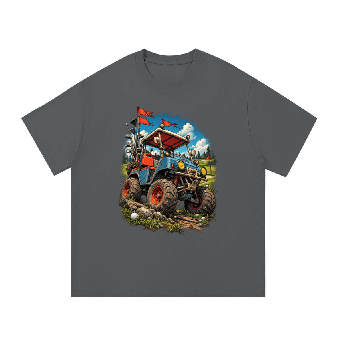 Charcoal gray Battle-Hardened Golf Cart T-shirt, front view with a blue off-road golf cart, oversized tires and red flags.
