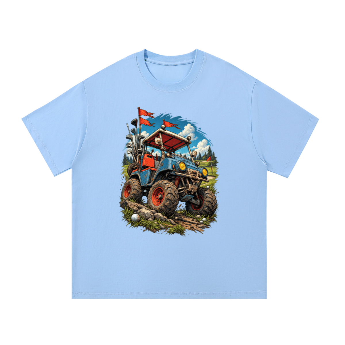 Light blue Battle-Hardened Golf Cart T-shirt, front view with a blue off-road golf cart, oversized tires and red flags.