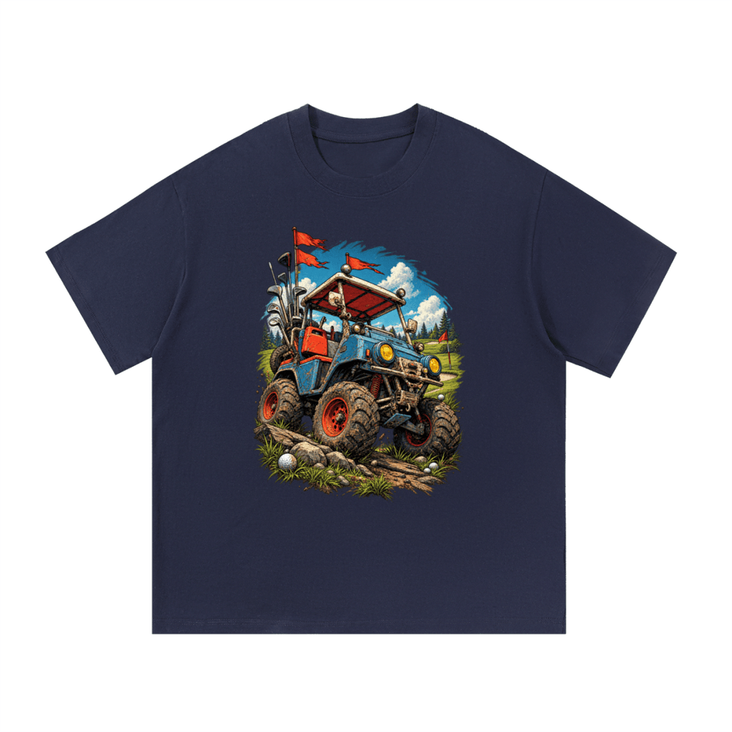 Navy blue Battle-Hardened Golf Cart T-shirt, front view with a blue off-road golf cart, oversized tires and red flags.