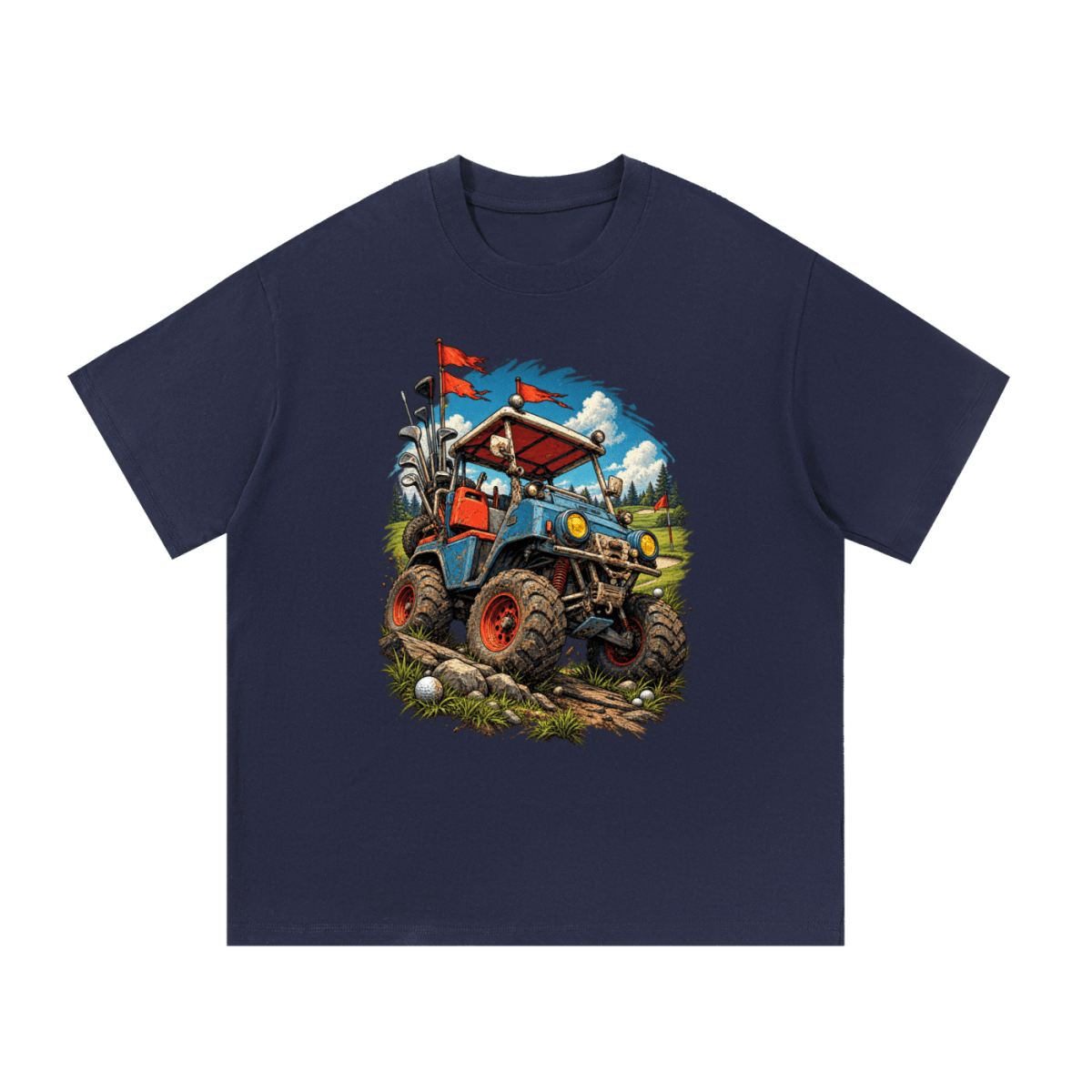 Navy blue Battle-Hardened Golf Cart T-shirt, front view with a blue off-road golf cart, oversized tires and red flags.