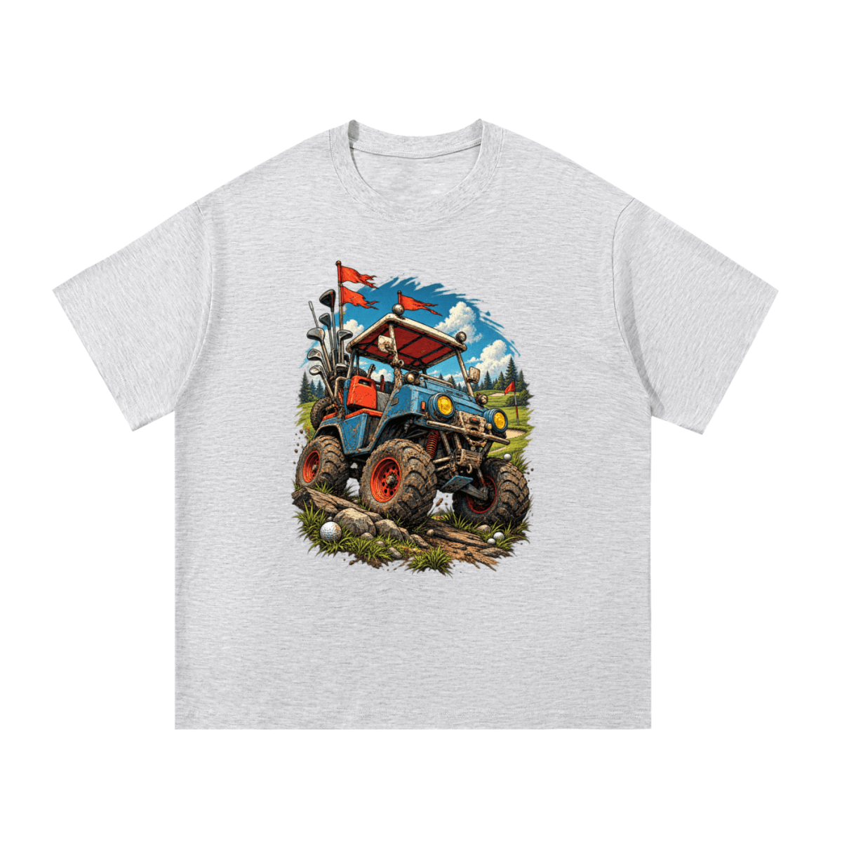 Light gray Battle-Hardened Golf Cart T-shirt, front view with a blue off-road golf cart, oversized tires and red flags.