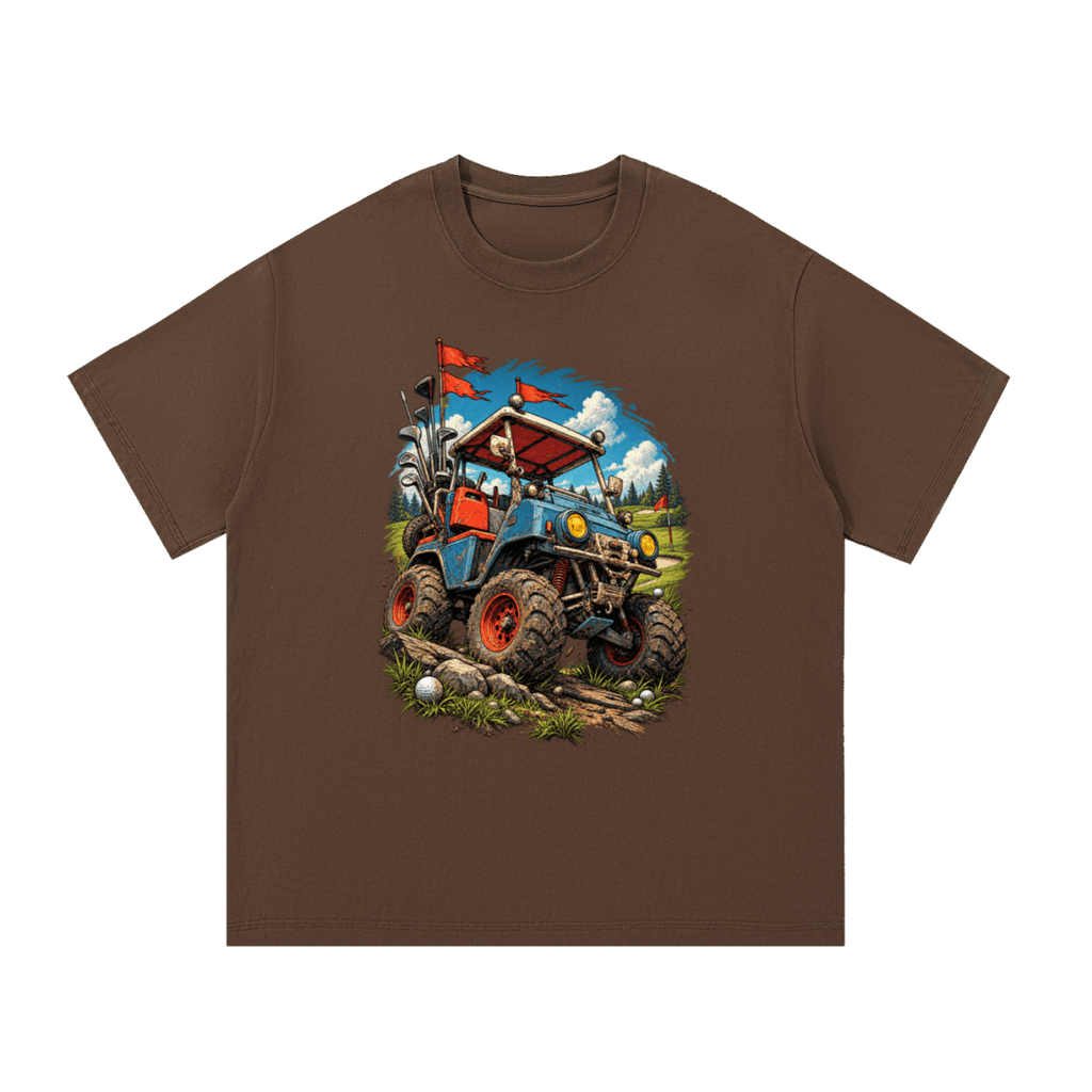 Brown Battle-Hardened Golf Cart T-shirt, front view with a blue off-road golf cart, oversized tires and red flags.